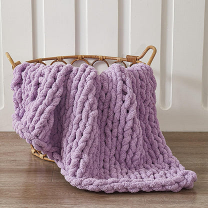 WESHIONGOO Chunky Knit Blanket Throw 40"*40" Knitted Throw Blankets for Couch Bed Fluffy Soft Blanket with Jumbo Chenille Yarn Thick 100% Handmade(Lilca)