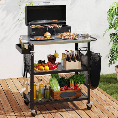 YITAHOME Outdoor Grill Cart Pizza Oven Table with Stainless Steel Top and Drop Leaf, Outdoor Grill Table with Adjustable Three-Tier Shelf and Spice Rack, Movable Bar Table for Patio, Garden, BBQ