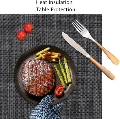 Myir JUN Placemats Set of 4, Vinyl Woven Placemats Place Mats Indoor Set of 4 Washable Table Mats Non-Slip Place mats for Dining Table (Dark Gray-Black, Set of 4)