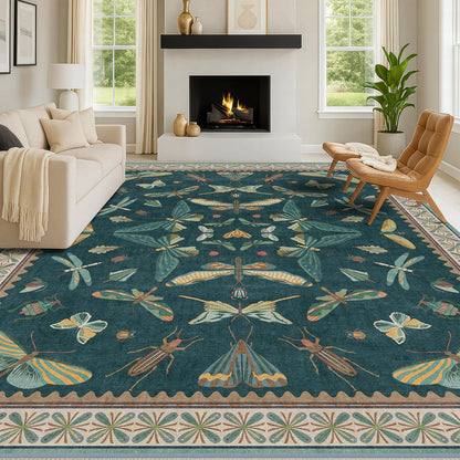 Insect Print Washable 8x10 Living Room Rug - Bugs, Butterfly, Bees, Moths Patterned Area Rugs for Bedroom, Dining Room Under Table, Kids Room, Home Office, Washable Non Slip Fade Resistant Low Pile