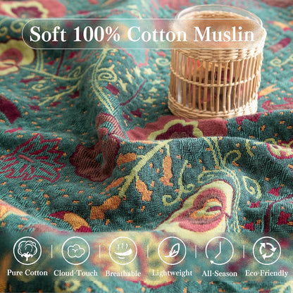 Boho Throw Blanket Queen Size, Oversized Soft Cozy Cotton Muslin Quilt Blanket for Bed Decor, Floral Patterned Couch Sofa Chair Cover, Vintage Farmhouse Cottage Woven Blanket, Green&Orange