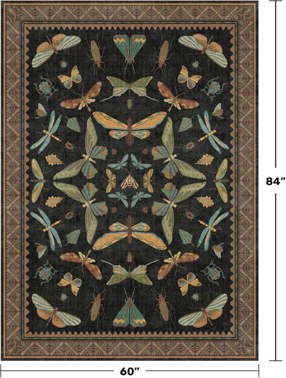 Washable 5x7 Black Rug for Living Room - Foyer Rugs for Entryway, Bedroom, Home Office, Gothic Witchy Insect Bug Floral Retro Indoor Décor
