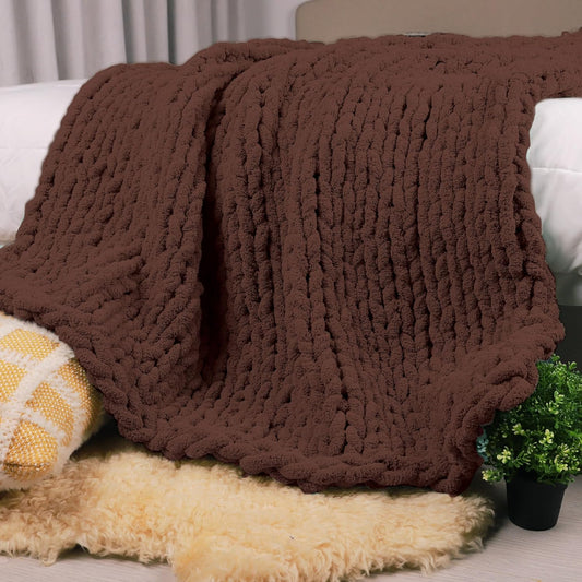 Carriediosa Chunky Knit Throw Blanket 50" X 60", 100% Hand Made Large Chenille Loop Yarn Soft Fluffy Throws for Couch Sofa Bed, Big Crochet Cozy Heavy Thick Cable Woven Blanket, Cocoa Brown
