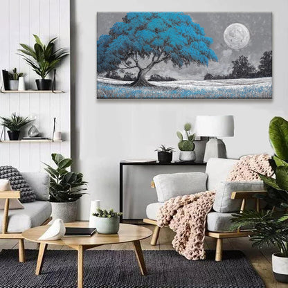 TAIJXAGSG Wall Art For Living Room Blue Tree Moon Canvas Art Wall Print Decor Artwork Print Painting 24" X 48" Modern Wall Art Picture For Bedroom Modern Salon Kitchen Office Home Wall Decor