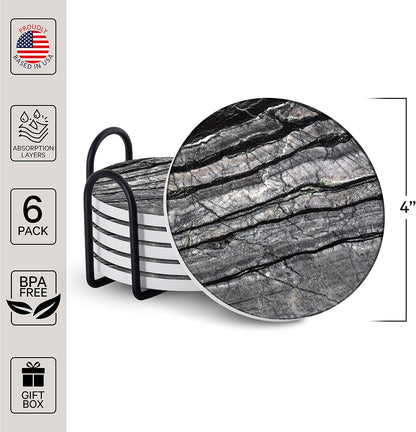 Emerson Coasters for Drinks Absorbent – Natural Stone Drink Coasters Set with Holder, Coasters for Coffee Table, Wooden Tabletop Protection Marble Style – 100% Heavy Duty Set of 6 (Obsidian)