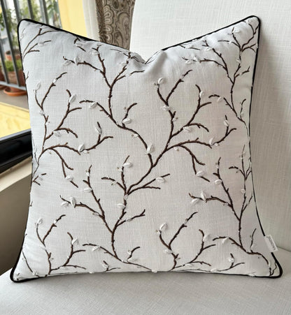 VAGMINE Embroidered Pussy Willow Throw Pillow Cover - 18x18 Inches Square - 100% Cotton Ivory Decorative Cushion Cover - Floral Embroidery - Soft Neutral Accent for Sofa, Bed, Couch, Farmhouse Décor