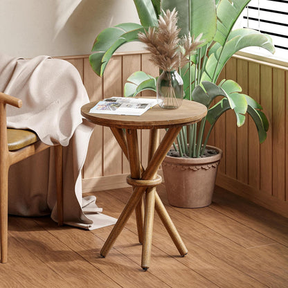 Round Wood End Table Farmhouse Wooden Side Table Rustic Plant Stand with Bundled Legs for Living Room, Office, Walnut
