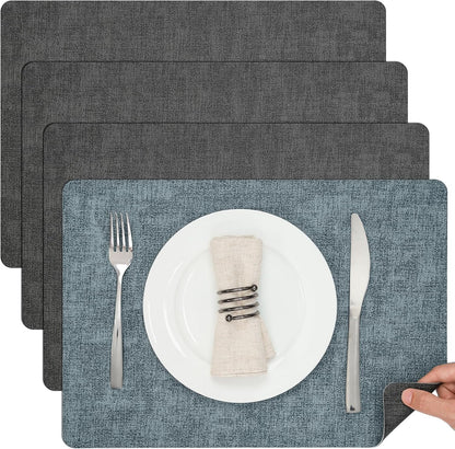 Myir JUN Dual Sided Faux Leather Placemats Set of 4 - Indoor/Outdoor Square Non-Slip Washable Table Mats (Gray Light Blue, Set of 4)