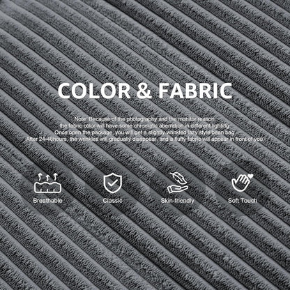 Bean Bag Chairs for Adults Giant Bean Bag Chair Memory Foam BeanBag Chair Big Bean Bag Sofa with Filler Faux Fur Fireside Beanbags Lazy Sofa for Living Room Bedroom Dorm Office (Grey Corduroy)