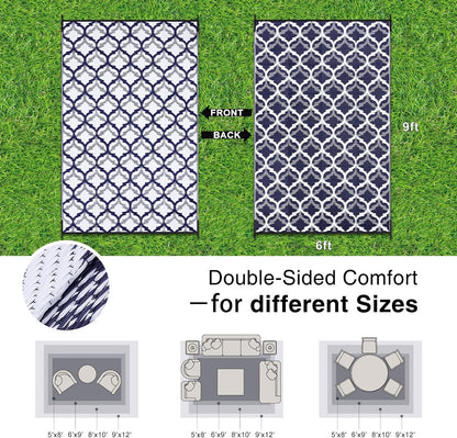 OLANLY Reversible Outdoor Rug 6x9 ft Clearance, Waterproof Outdoor Plastic Straw Rug with Interlacing Pattern, RV Mat for Patio, Camping, Balcony, Deck, Backyard, Navy & White