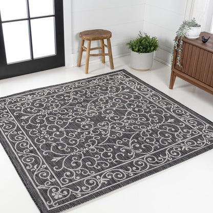 JONATHAN Y Vintage Filigree Indoor Outdoor Square Area Rug 5X5 Black/Gray, Charleston Textured Weave for Backyard, Patio, Porch, Easy-Cleaning, High Traffic, Pet-Friendly, Non-Shedding (SMB106G-5SQ)