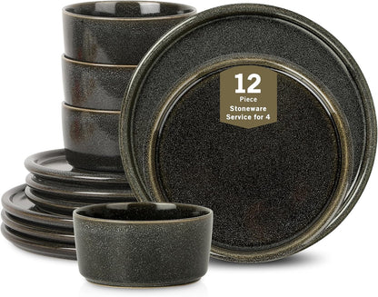 Stone Lain Eden 12-Piece Dinnerware Set Stoneware, Plates and Bowls Set, Dishwasher and Microwave Safe Dish, Dish Set for 4, Charcoal Grey