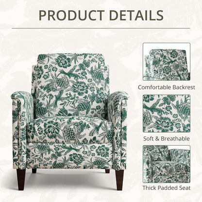 Floral Accent Chair Set of 2, High Back Upholstered Armchair with Solid Wooden Legs, Padded Armrest and Removable Comfortable Cushioned Seat Single Sofa for Living Room, Bedroom, Green