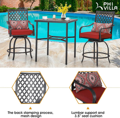PHI VILLA 5 Piece Patio Bar Hight Dining Set for 4, Outdoor Bar Set with 4 Swivel Cushioned Bar Stools and 1 Square Metal Bar Table(1.9" Umbrella Hole) for Lawn Garden