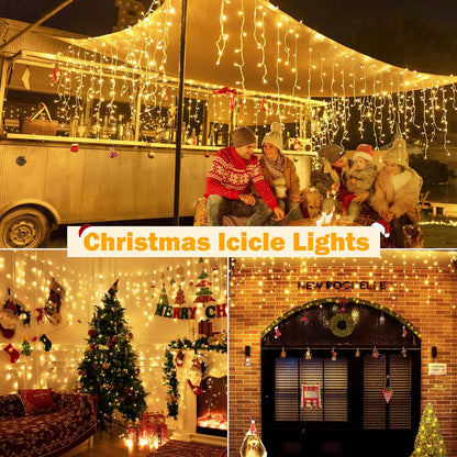 Ollny Icicle Lights Outdoor Warm White, 594LED 49FT Christmas Lights with Remote 8 Modes Dimmable, Waterproof Connectable Timer Hanging Lights for House Outside Yard Indoor Decorations