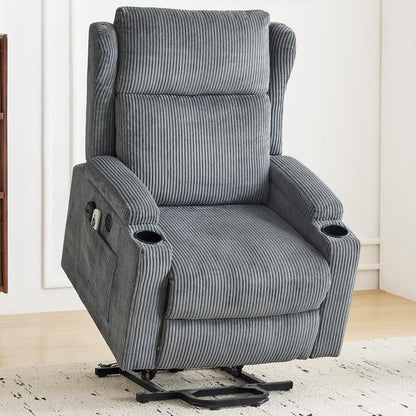 Lift Recliner Chair for Adults with Massage and Heating, Power Lift for Elderly, Corduroy Fabric Reclining Chair with USB &Type-C Port, Cup Holders, L6111 (Grey)
