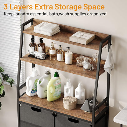 Lulive Double Laundry Hamper with Shelf, Laundry Basket with 3 Tier Storage Shelves & 4 Removable Hooks, Tall Laundry Sorter Clothes Hamper with Pull-Out Bags for Bathroom, Laundry Room