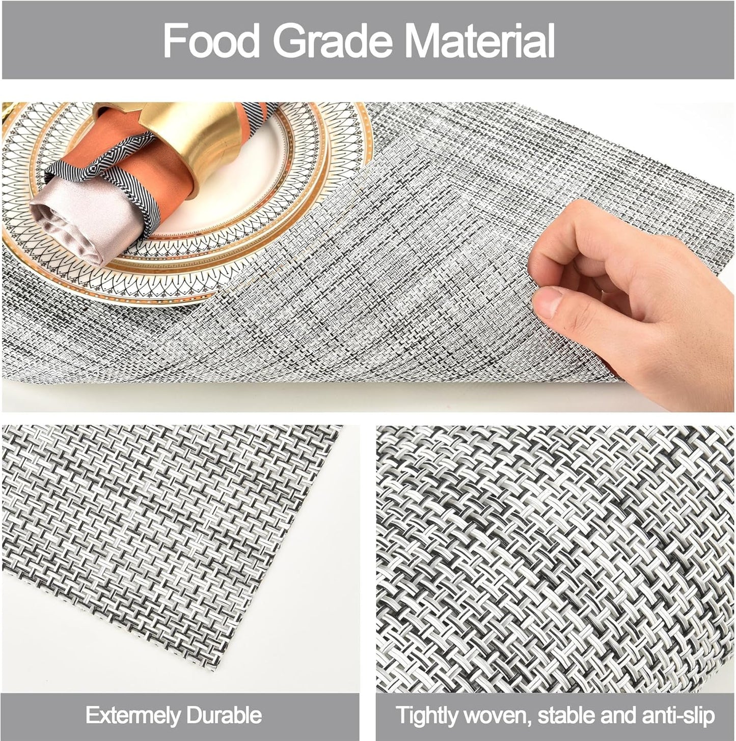 Placemats Set of 6 - Easy Clean Washable Vinyl Placemats - Wipeable Heat Resistant Table Mats for Dining Table - 17.7x11.8 Inch (6, Black & White Two-Tone)