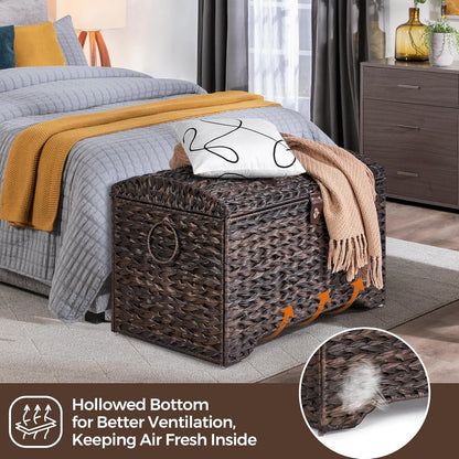 Handwoven Storage Basket with Lid, 178L Plastic Rattan Storage Bin, Leather Buckle & Metal Frame, Large Metal Ring Handles, Storage Trunk for Bedroom, Laundry Room