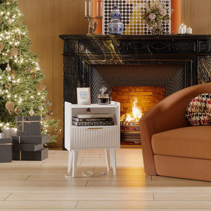 Fluted Nightstand with Charging Station, Modern Bedside Table with Drawer,White Nightstand with Solid Wood Legs, End Table,Side Table for Living Room,Bedroom White CTG57WE