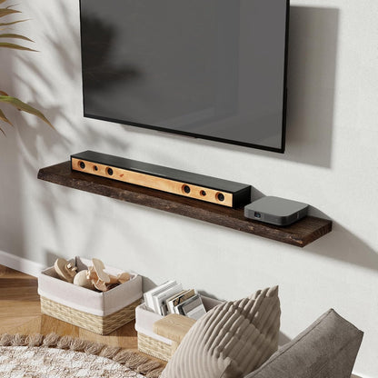 55" Floating Shelves, Live Edge Elm Wood Floating Shelf for Wall, Wall-Mounted Display Shelves with Invisible Heavy-Duty Bracket, Long Floating Shelf for Bathroom, Kitchen, Living Room, Walnut Color