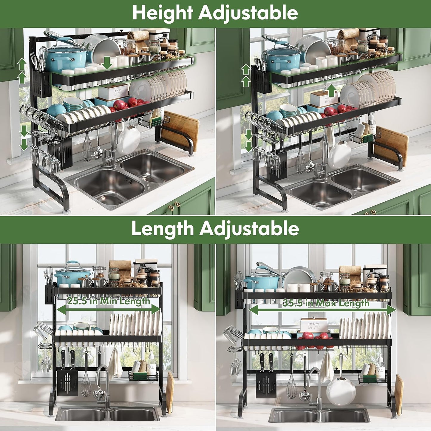 3 Tier Extra Large Stainless Steel Expandable Over The Sink Dish Drainer Drying Rack, Rust Proof Metal, Space Saving, Modern Black Big Capacity Extendable Plate Strainers Above Kitchen Counter