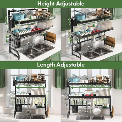 3 Tier Extra Large Stainless Steel Expandable Over The Sink Dish Drainer Drying Rack, Rust Proof Metal, Space Saving, Modern Black Big Capacity Extendable Plate Strainers Above Kitchen Counter