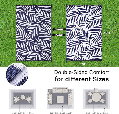 OLANLY Waterproof Outdoor Rug 9x12 ft, Reversible Outdoor Plastic Straw Rug with Leaf Pattern, RV Mat, Indoor Outdoor Carpet for Patio, Camping, Balcony, Deck, Backyard, Navy & White