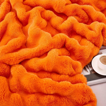 DREAMNINE Large Fuzzy Soft Fall Bubble Faux Rabbit Fur Blanket Queen Size 80" x 90", Luxury Big Autumn Plush Fluffy Blankets for Bed,Cute Lovely Cozy Thick Warm Furry Blanket for Winter,Pumpkin Orange