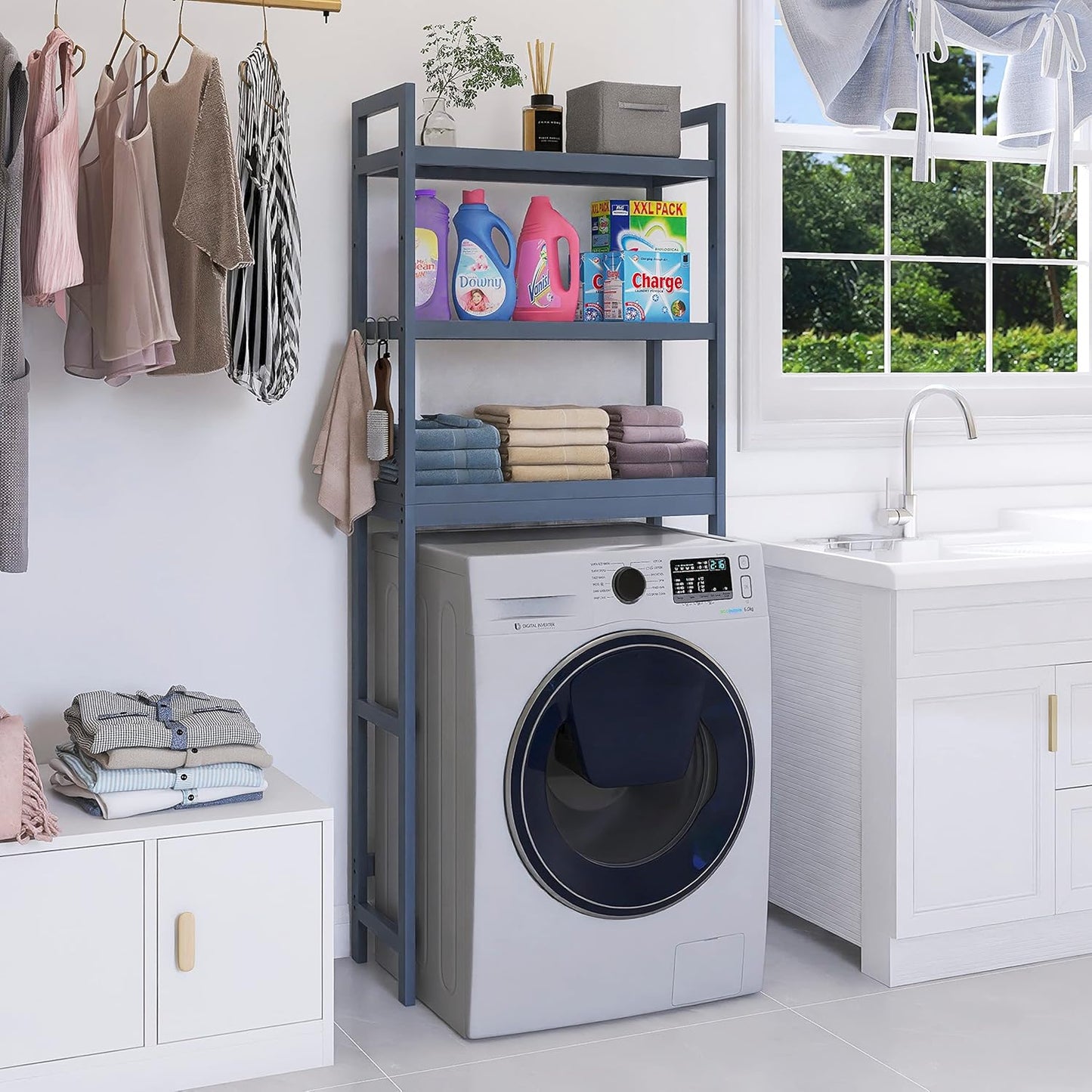 SMIBUY Bathroom Storage Shelf, Bamboo Over-The-Toilet Organizer Rack, Freestanding Toilet Space Saver with 3-Tier Adjustable Shelves (Grey)