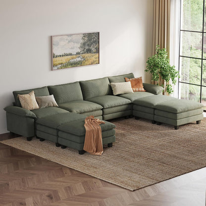 LINSY HOME Modular Sectional Sofa - 157'' Sleeper Sofa Cloud Couch Oversized Corduroy Sofa Bed with Movable Ottoman Soft Modern Comfy Couch for Living Room Apartment Office, Green