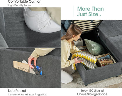 VanAcc Pull Out Sofa, 112 Inch Oversized U Shape Sleeper Sofa Couch with Storage Chaise & 3 Seater, Comfy Couch with Pull Out Bed for Living Room, Grey Linen