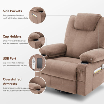 Swivel Rocker Recliner Chair with Heat and Massage, 360 Degree Swivel Rocking Single Sofa with Cup Holders and USB Port, Big Oversized Recliner Chair for Living Room (Fabric, Brown)