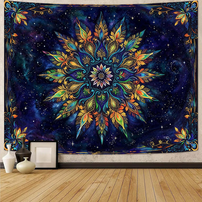 Fowocu Boho Floral Mandala Tapestry for Bedroom Aesthetic Blue Bohemian Colorful Flower Wall Tapestry Purple Hippie Indian Extra Large Tapestries Wall Hanging for Living Room Dorm Decor 90 x 68 Inch