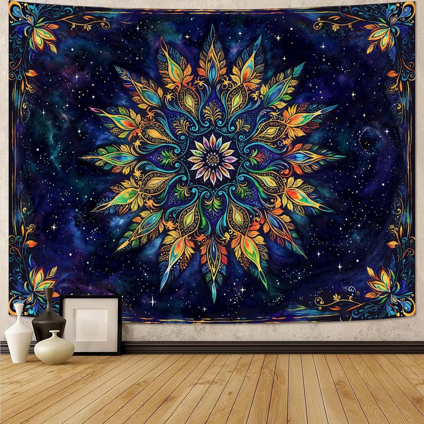 Fowocu Boho Floral Mandala Tapestry for Bedroom Aesthetic Blue Bohemian Colorful Flower Wall Tapestry Purple Hippie Indian Large Tapestries Wall Hanging for Living Room Dorm Decor 80 x 60 Inch