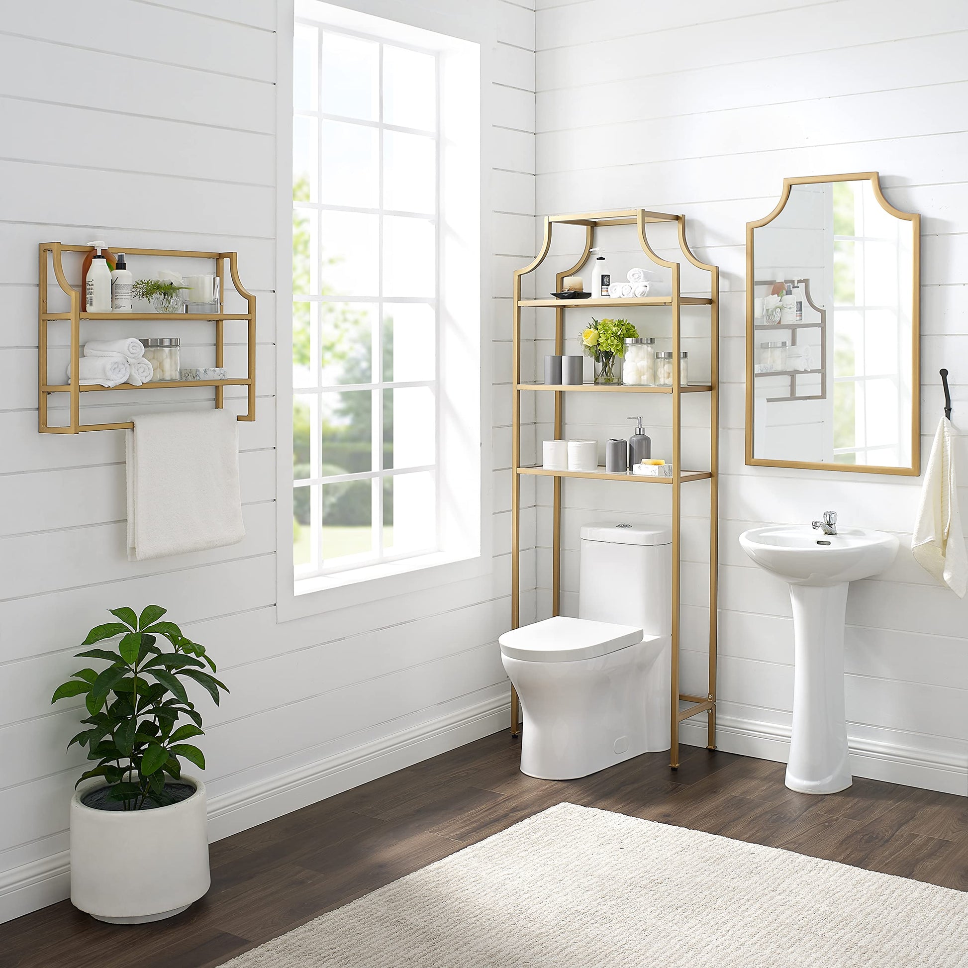Crosley Furniture Aimee Wall Mounted Bathroom Storage Shelf with Towel Rack and Shelves, Gold