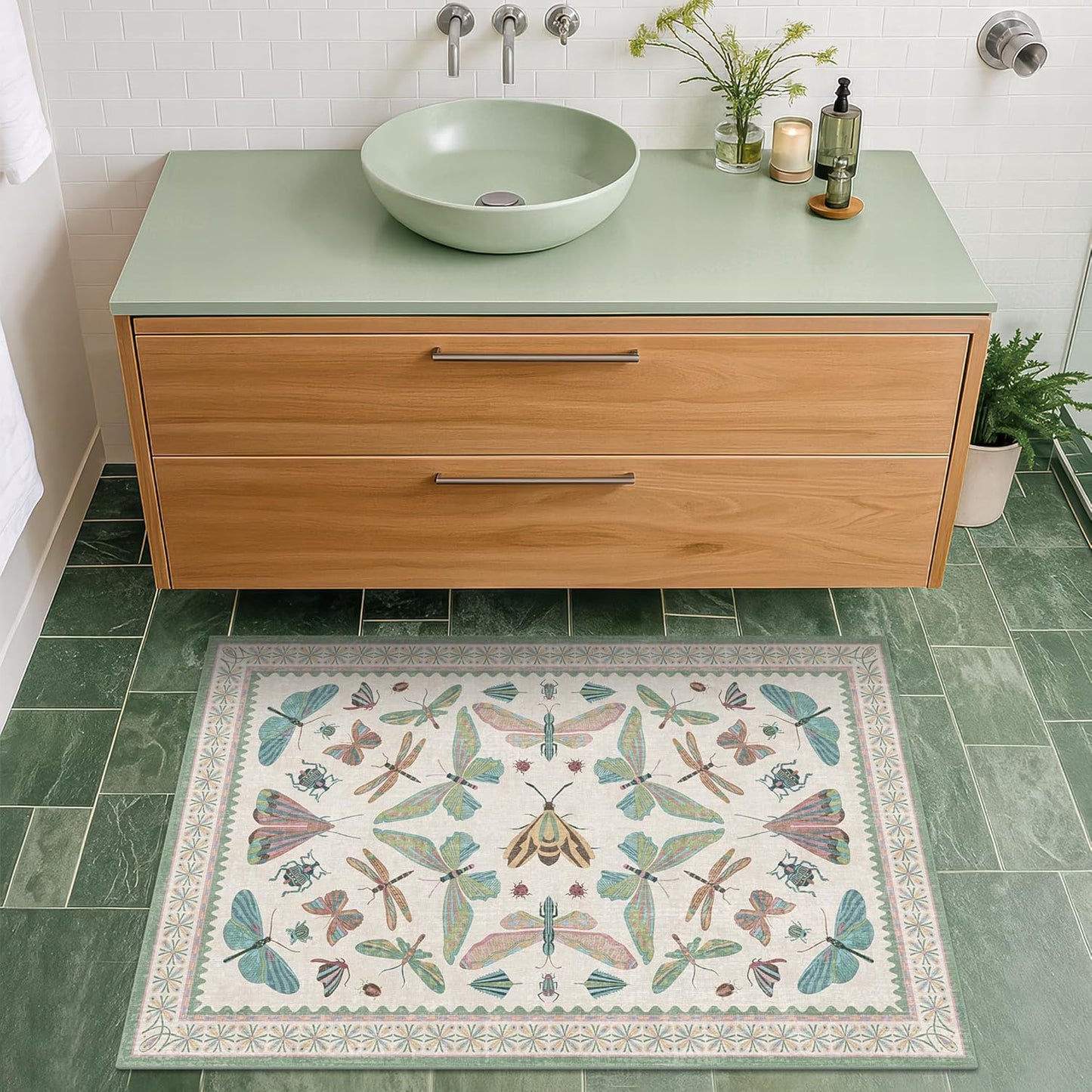 Washable Boho Bathroom Rug 2x3, Small Throw Rugs for Kitchen, Powder Room, Front Door Indoor Entrance, Non Slip Low Pile Stain Resistant, Dusty Green Colorful Cool Insect Aethestic