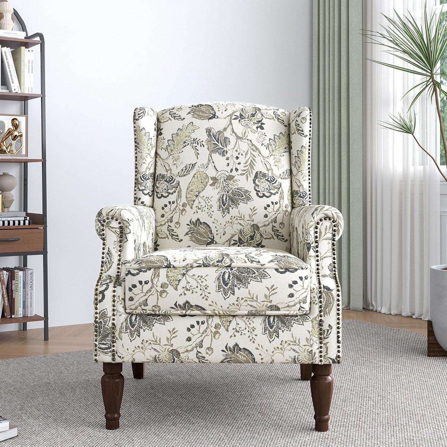 Lumibee Wingback Accent Chair,High Back Floral Armchairs in Fabric,Comfy Upholstered Reading Single Sofa Chair with Solid Wood Legs for Living Room,Bedroom,Office-Plants Beige