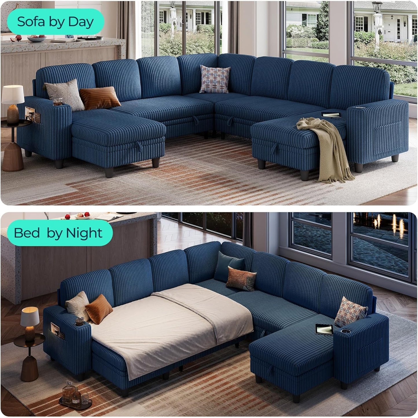 LINSY HOME Sectional Sleeper Sofa with Pull Out Couch Bed - Convertible Plush Corduroy Cloud Couch with Storage Chaise & USB Charging, Comfy Modular Couches for Living Room, Blue
