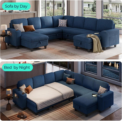 LINSY HOME Sectional Sleeper Sofa with Pull Out Couch Bed - Convertible Plush Corduroy Cloud Couch with Storage Chaise & USB Charging, Comfy Modular Couches for Living Room, Blue