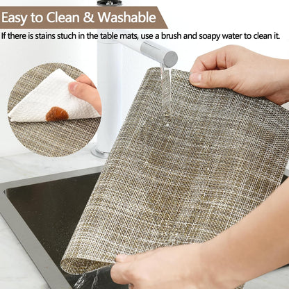 Placemats Set of 4 - Easy Clean Washable Vinyl Placemats - Wipeable Heat Resistant Table Mats for Dining Table - 17.7x11.8 Inch (4, Gray & Gold Two-Tone)