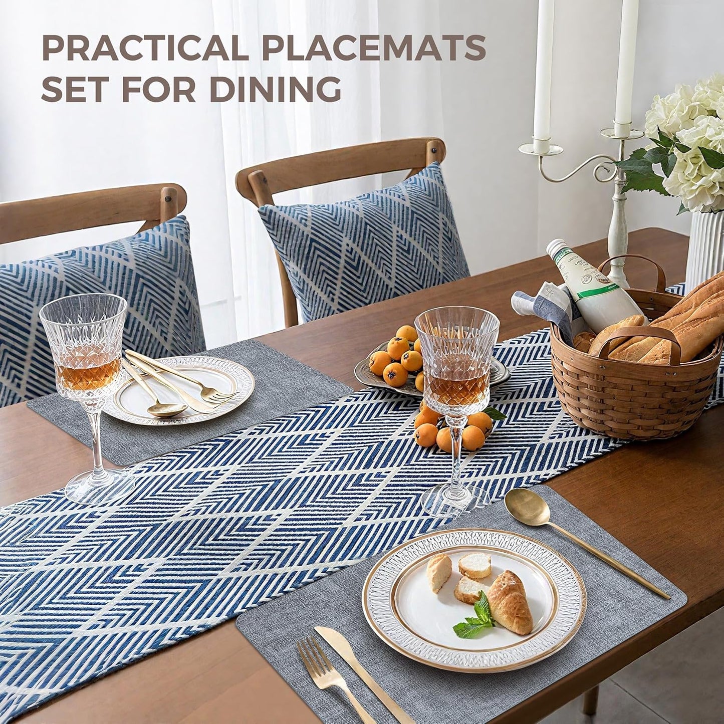 Vinyl Placemats Set of 4, Faux Leather Waterproof and Heat Resistant Place Mats, Washable Anti-Slip Table Mats with Coaster, Wipeable Placemats for Indoor & Outdoor 17" x 12" (Light Blue, Set of 4)