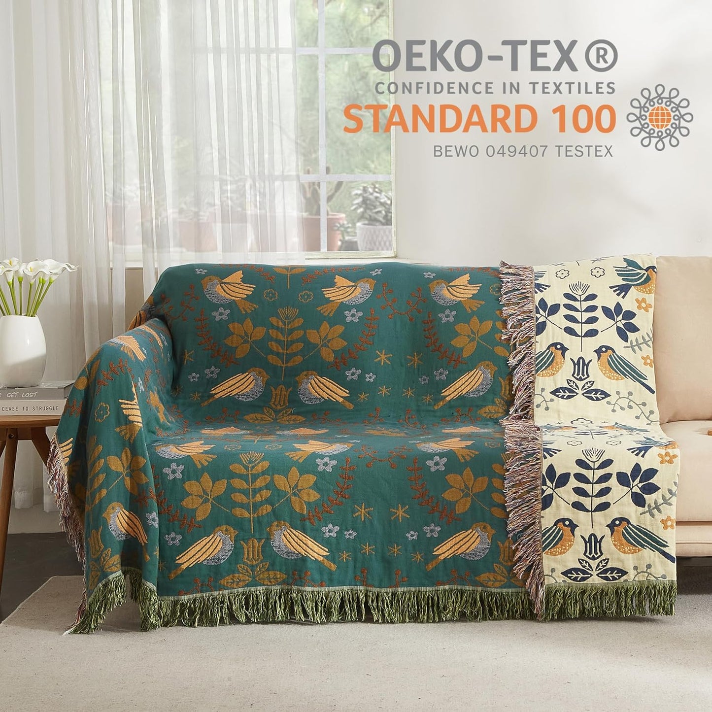 Boho Throw Blanket for Bed 60”x80”, 100% Cotton Woven Blanket for Couch Sofa, Ultra Soft 4-Layer Muslin Quilt with Bird Floral Printed, Farmhouse Bed Blanket/Cover for Living Room Decor