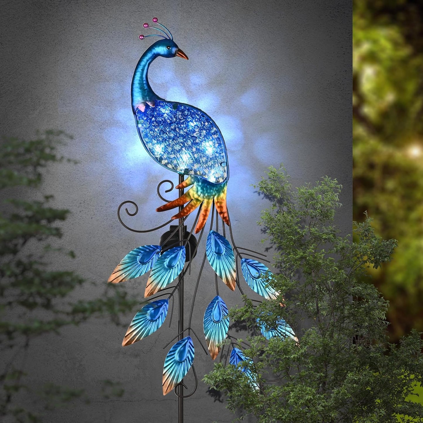 TERESA'S Collections Garden Decor Blue Peacock with Solar Outdoor Lights, 40" Glass Yard Art for Outside, Decorative Metal Stake Outdoor Decor for Lawn Decorations, Patio, Gifts for Mom