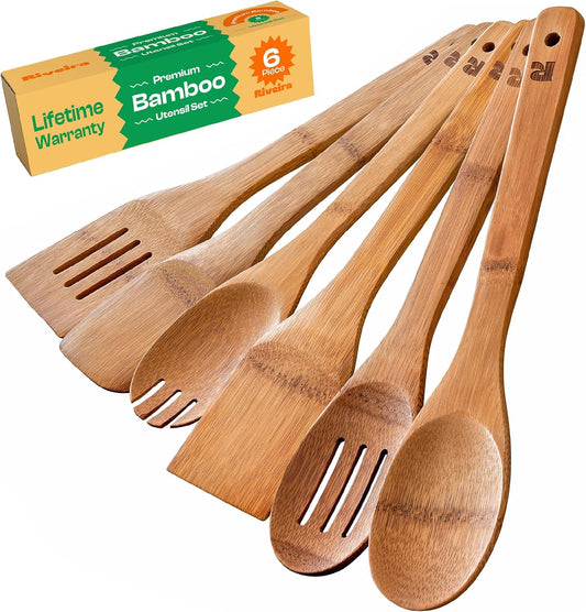 Riveira Dark Bamboo Wooden Spoons for Cooking 6-Piece, Apartment Essentials Wood Spatula Spoon
