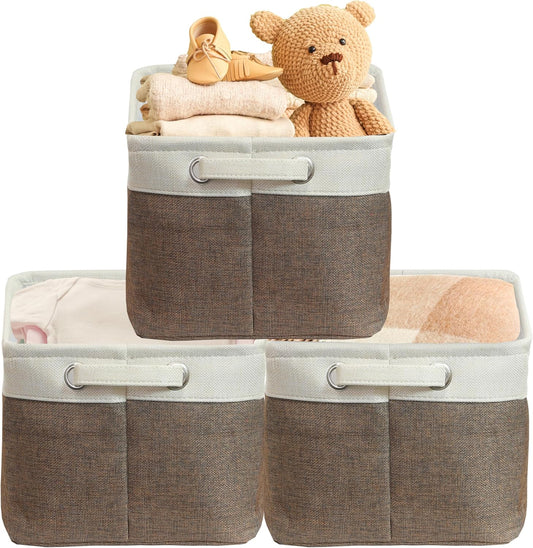 SIMPLE HOUSEWARE Large Fabric Storage Bin, 14.4" x 10" with Handles, 3-Pack, Foldable Organizer for Closet and Shelf, Brown