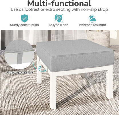 Solaste Outdoor Footstools Patio Ottoman Set of 2, Aluminum All-Weather Outdoor Footrest Seat with Removable Cushions, Patio Furniture Ottomans for Garden, Backyard, Poolside-White