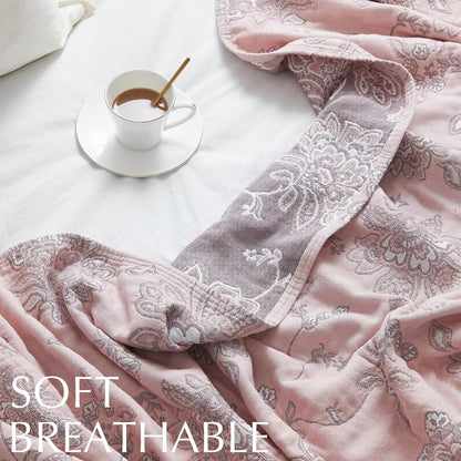 jinchan Boho 100% Cotton Muslin Queen Size 80x90 Inches Blanket Lightweight 4-Layer Quilted Soft Pink Multi Floral Throw Blanket Reversible Comfy Flower Rustic All Seasons Couch Bedroom Decor