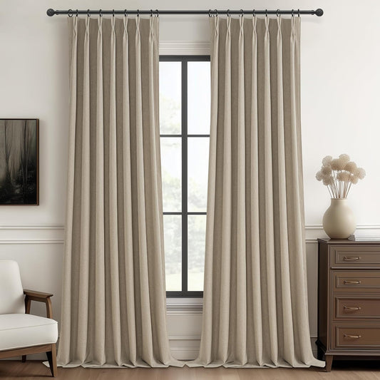 Black Out 96 Inch Long Boho Curtains 2 Panel Set, Farmhouse Curtains for Living Room Darkening/Thermal/Noise Reduction Textured Flax Linen Pinch Pleated Drapes 8ft Hook&Ring Included GreyBeige 40"x96"