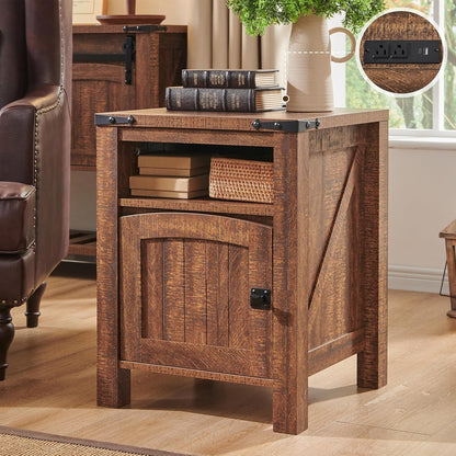 OKD Farmhouse Nightstand with Charging Station, 18" Rustic End Table with Adjustable Storage Shelf, Wood Rustic Wood Sofa Side Table for Bedroom